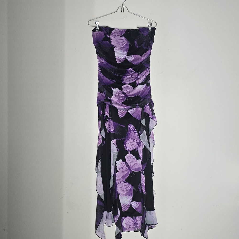 Strapless Purple Butterfly Print Mesh Maxi Dress Double Slit Front Y2K Fairycore